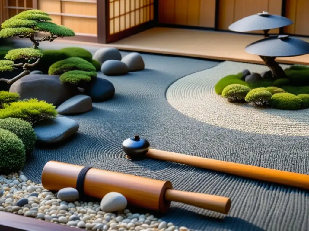 Jardín Zen japonés con patrones de grava, rocas y arroyo