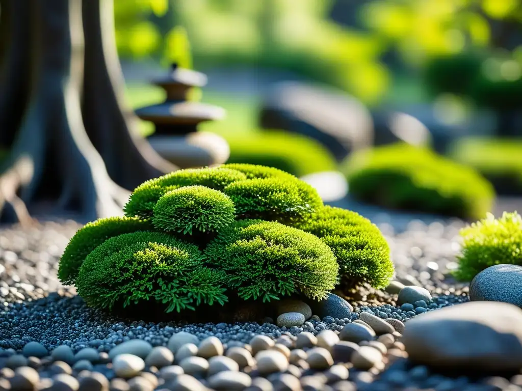 Jardín Zen japonés: patrones de grava, rocas y musgo