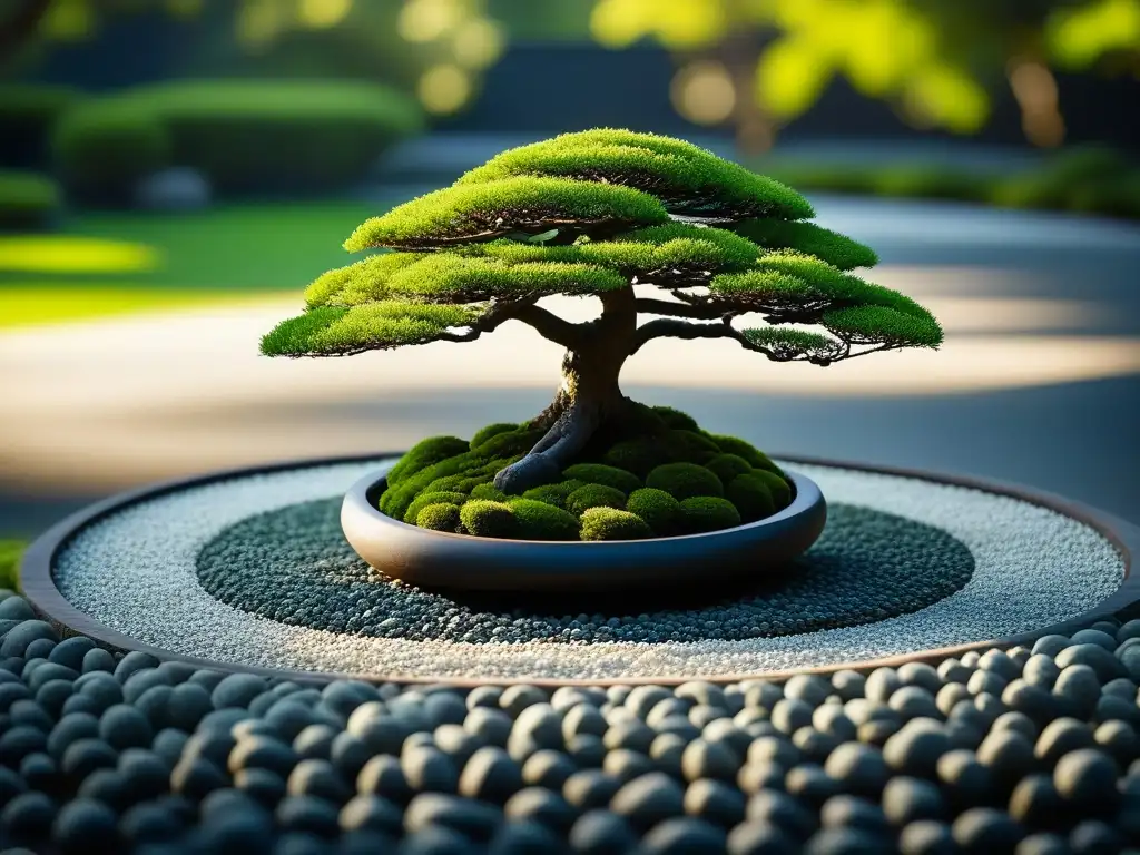 Armonía zen en jardín japonés: patrones de grava, musgo verde y bonsái en perfecta armonía, invocando la influencia del budismo zen