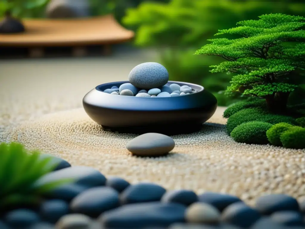 Jardín Zen japonés con rocas, grava y vegetación, reflejando la armonía y tranquilidad de la dieta zen japonesa