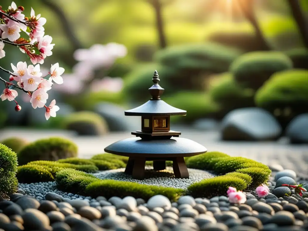 Un jardín Zen japonés sereno con detalles meticulosos y elementos naturales, como un farol de piedra y pétalos de cerezo cayendo