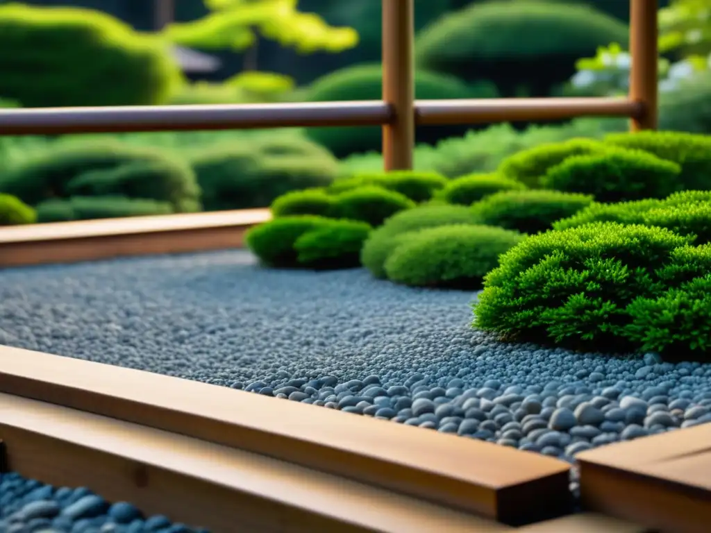 Jardín Zen japonés sereno con patrones de grava y vegetación exuberante, reflejando la armonía de los principios Zen en la naturaleza