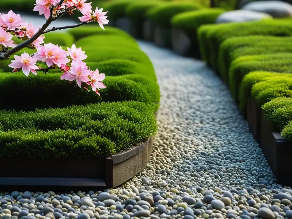 Un jardín zen japonés sereno con patrones de grava, musgo verde y flores vibrantes