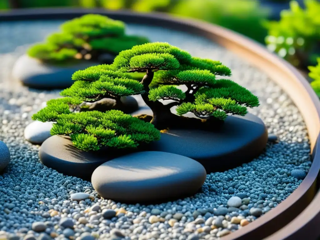 Un jardín Zen japonés sereno con patrones meticulosos en grava, rocas y bonsáis