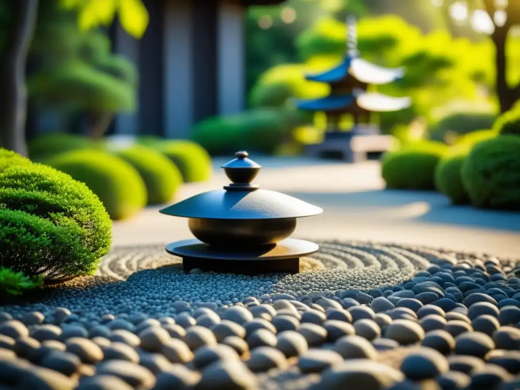 Jardín Zen japonés tranquilo con patrones de grava, farol de piedra y vegetación exuberante