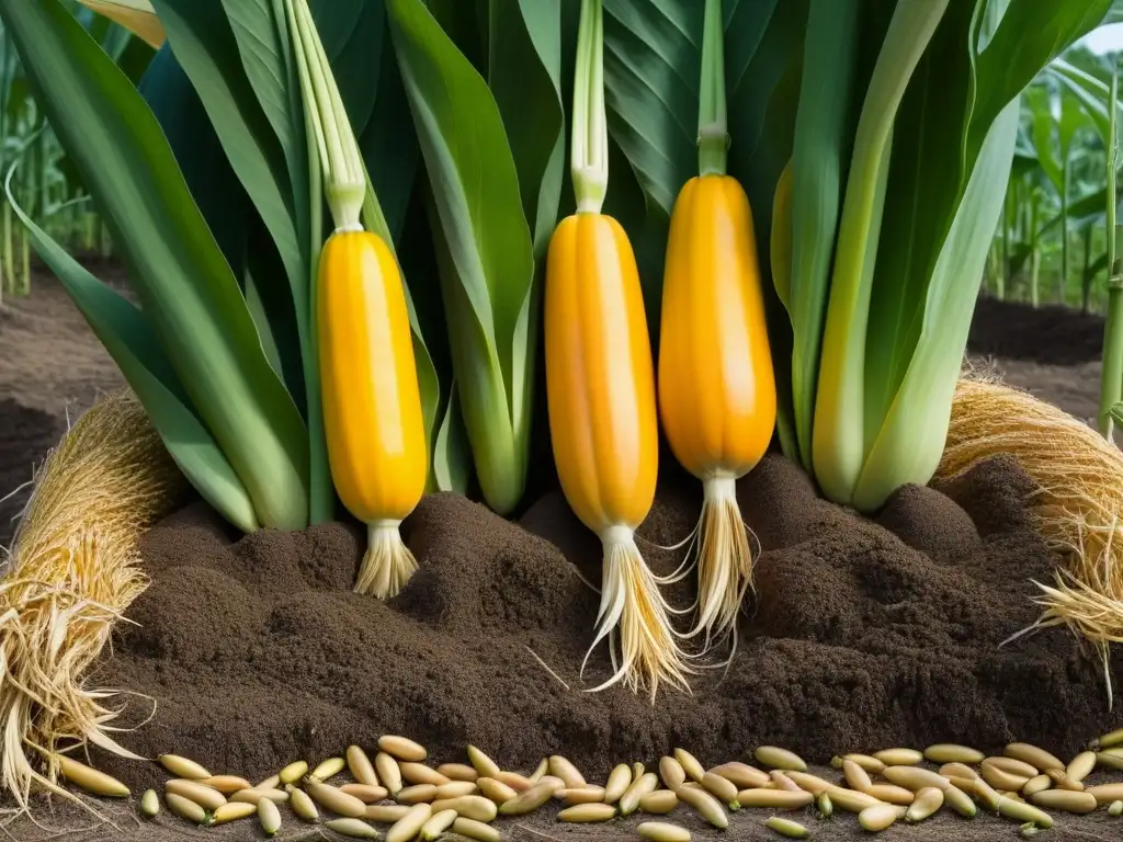 Un jardín de Tres Hermanas vibrante muestra la técnica de intercultivo de maíz, frijoles y calabaza, en armonía con la naturaleza al atardecer