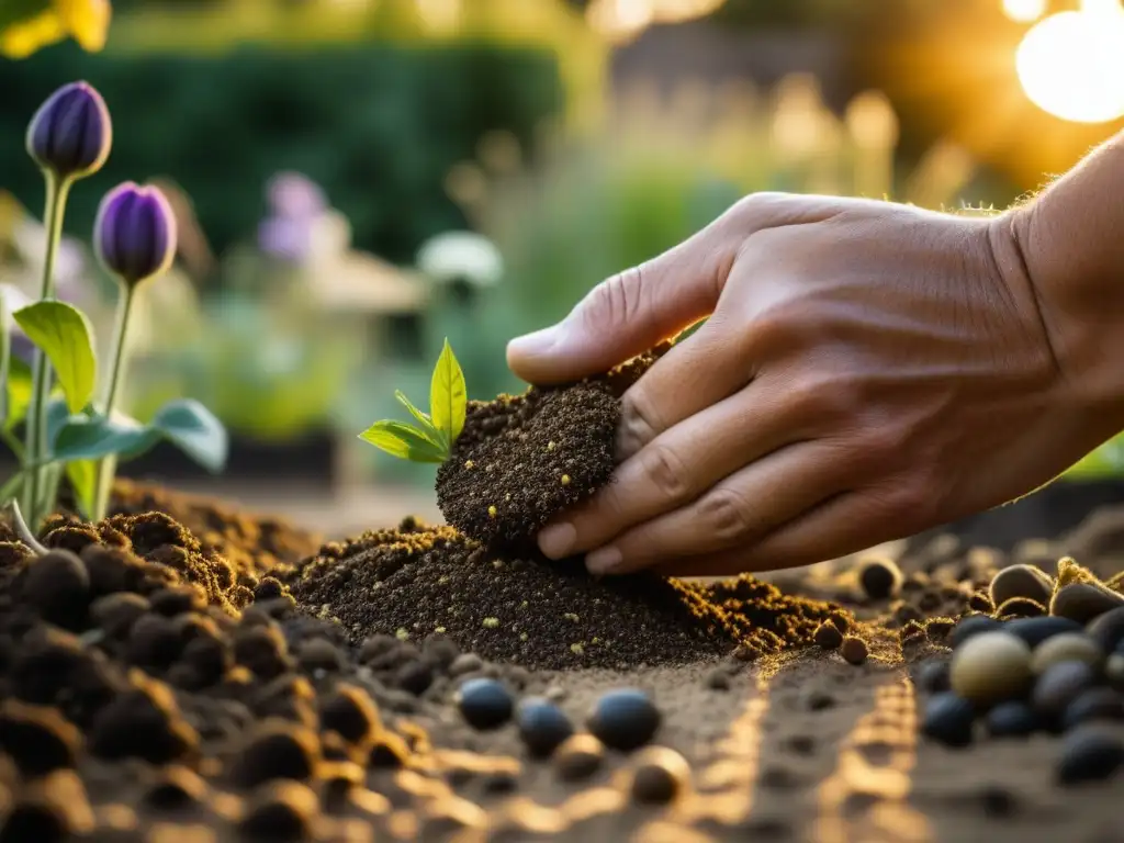 Un jardinero medieval planta semillas ancestrales en un suelo rico al atardecer, destacando la sostenibilidad alimentaria histórica