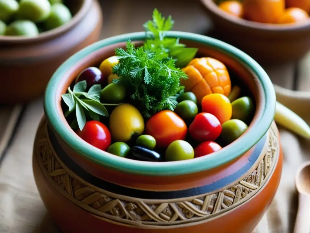 Una jarra de barro llena de frutas y verduras conservadas, resaltando colores y texturas