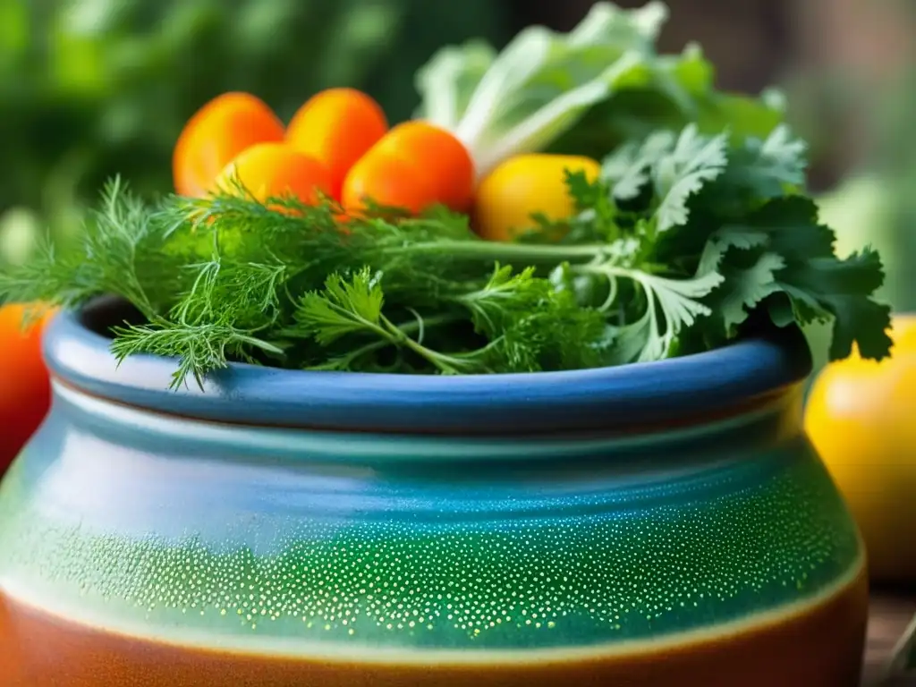 Una jarra de cerámica antigua rebosante de vegetales fermentados, ilustrando las recetas históricas de conservación antigua