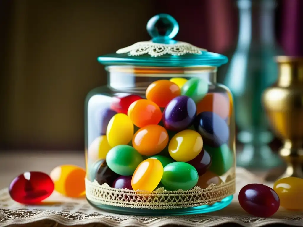 Una jarra de cristal llena de dulces y confituras siglo XIX en un elegante escenario de encaje y flores