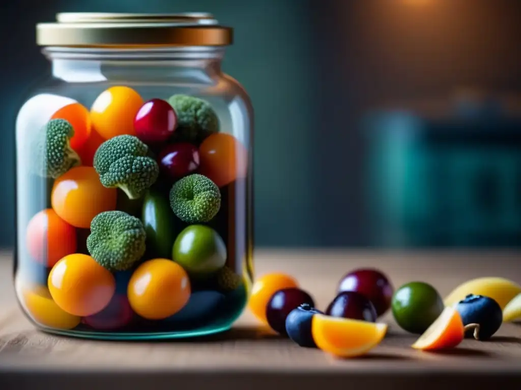 Una jarra de cristal llena de frutas y verduras conservadas en el Barroco Francés, exhibiendo colores vibrantes y texturas variadas