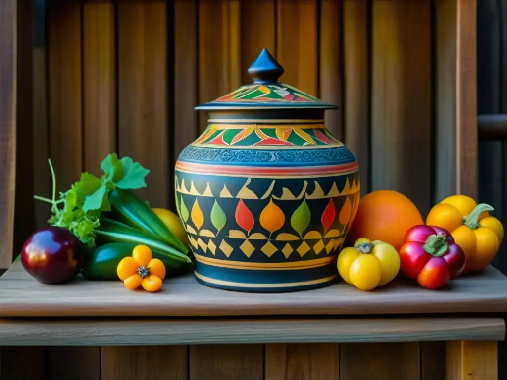 Una jarra medieval llena de conservas de frutas y verduras, decorada con motivos históricos, en una bodega