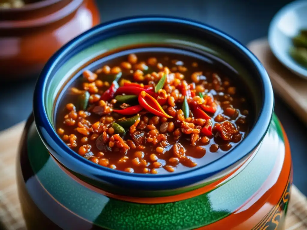 Una jarra tradicional coreana 'onggi' fermentando kimchi, con texturas detalladas y colores terrosos, resaltando la historia culinaria de Corea