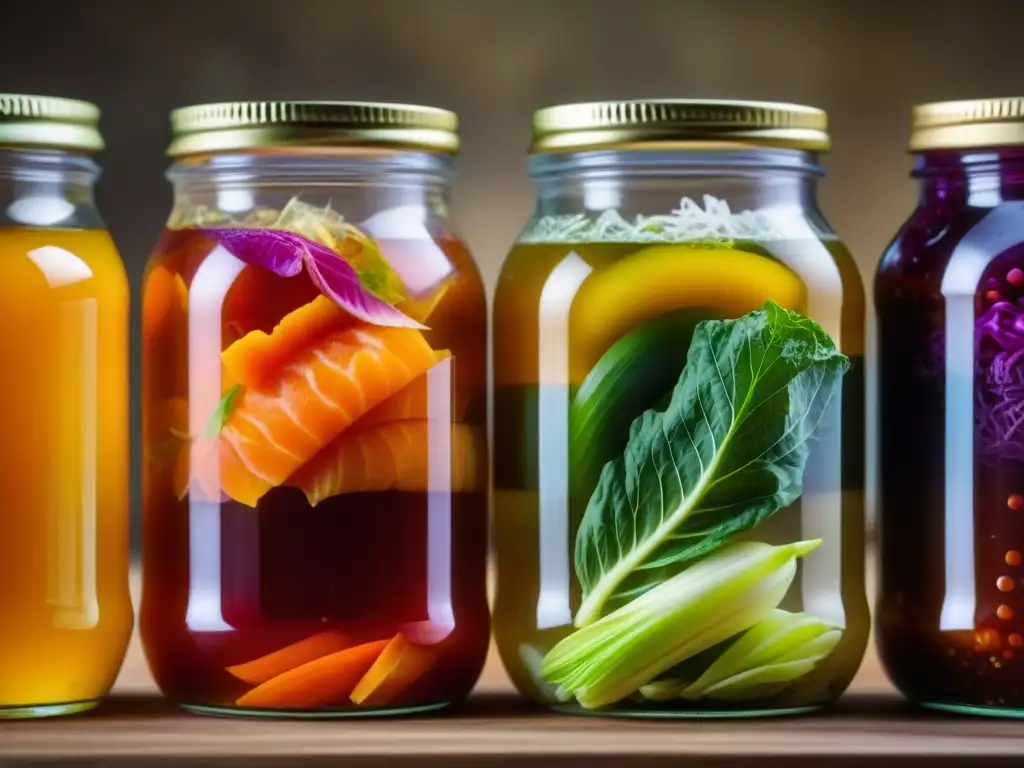 Jars coloridos con fermentación de alimentos, burbujeante y vibrante, reflejando la historia de la fermentación de alimentos