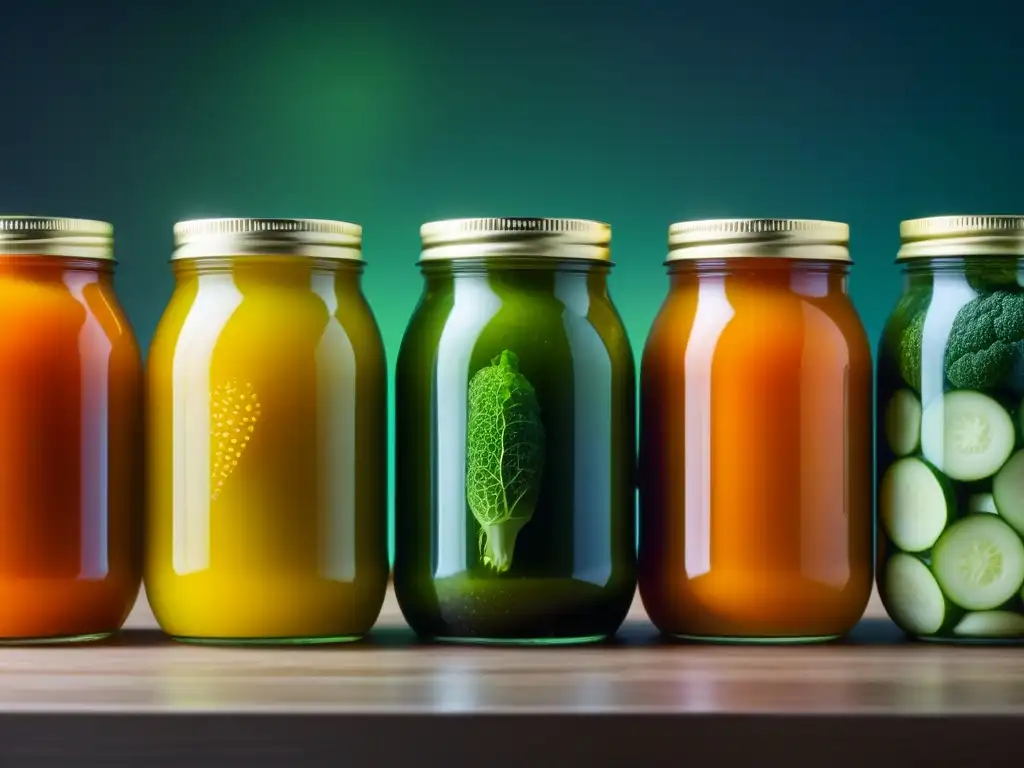 Jars de fermentación con vegetales coloridos bubbling, reflejando la importancia de la fermentación en una dieta sustentable