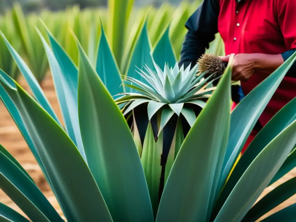 Un jimador cosechando agave en los campos de Jalisco, México, revelando la historia del mezcal y tequila