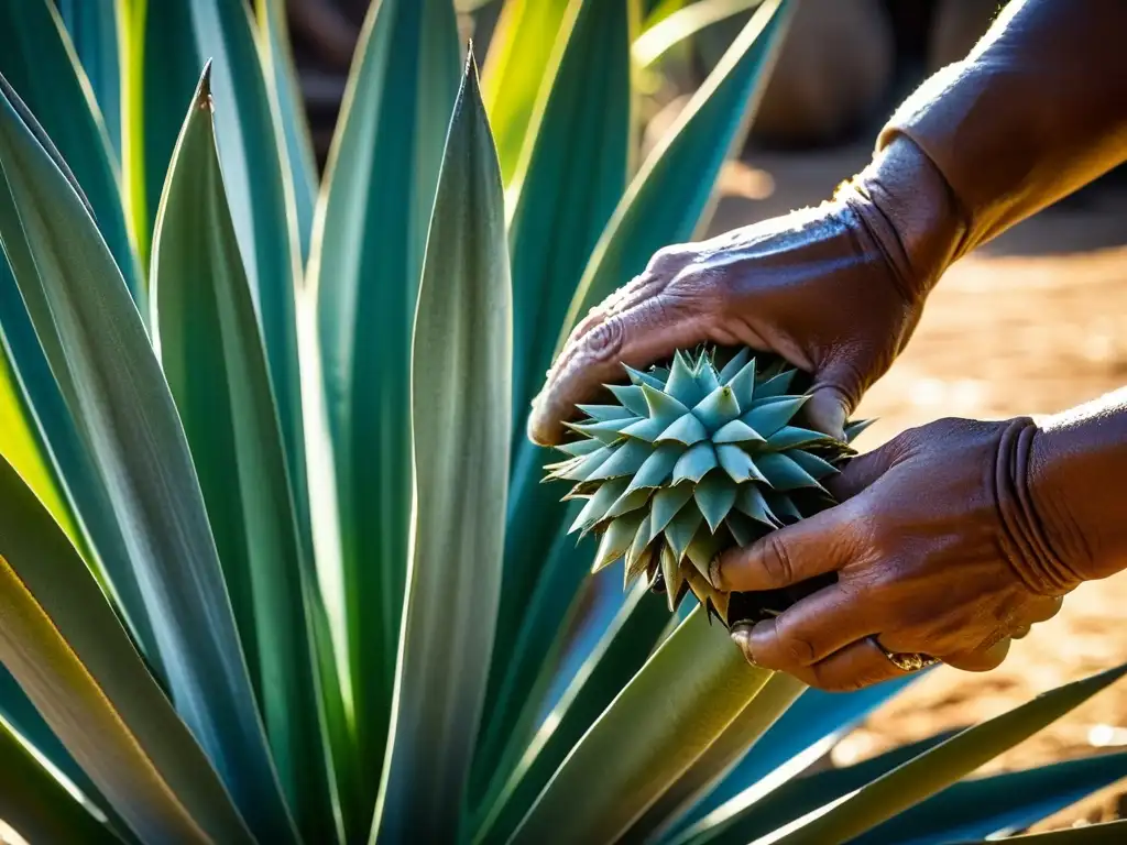 Un jimador experto cosechando agave maduro, revelando agave y néctar bajo el sol, historia del mezcal y tequila