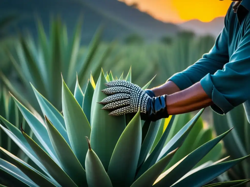 Un jimador mexicano cosechando un agave al amanecer, mostrando la historia del mezcal y tequila
