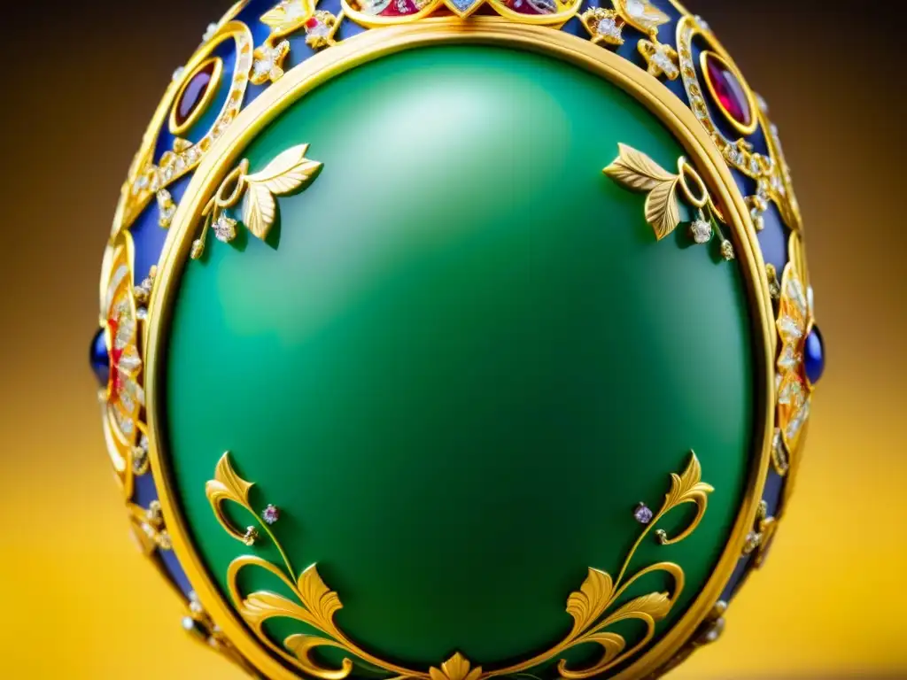 Una joya de huevo Fabergé con detalles lujosos y colores vibrantes, reflejando la influencia Zares en la cocina rusa