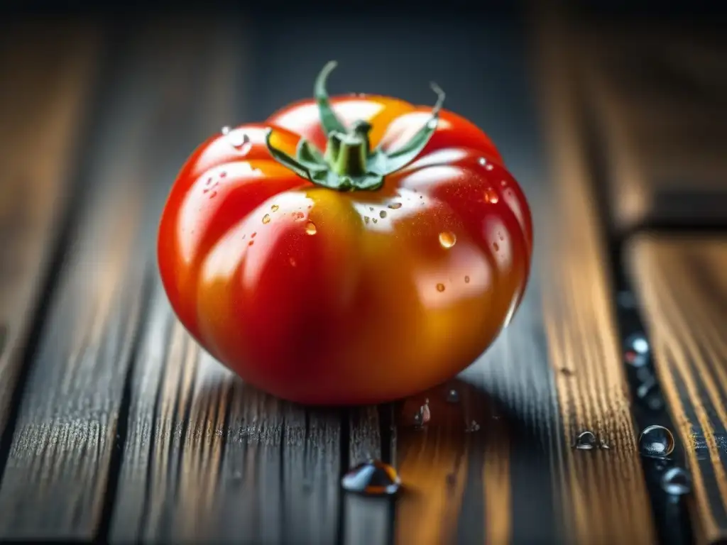 Una joya de tomate de antaño brilla sobre una mesa rústica, destacando la importancia de los huertos familiares en la alimentación de los años 30