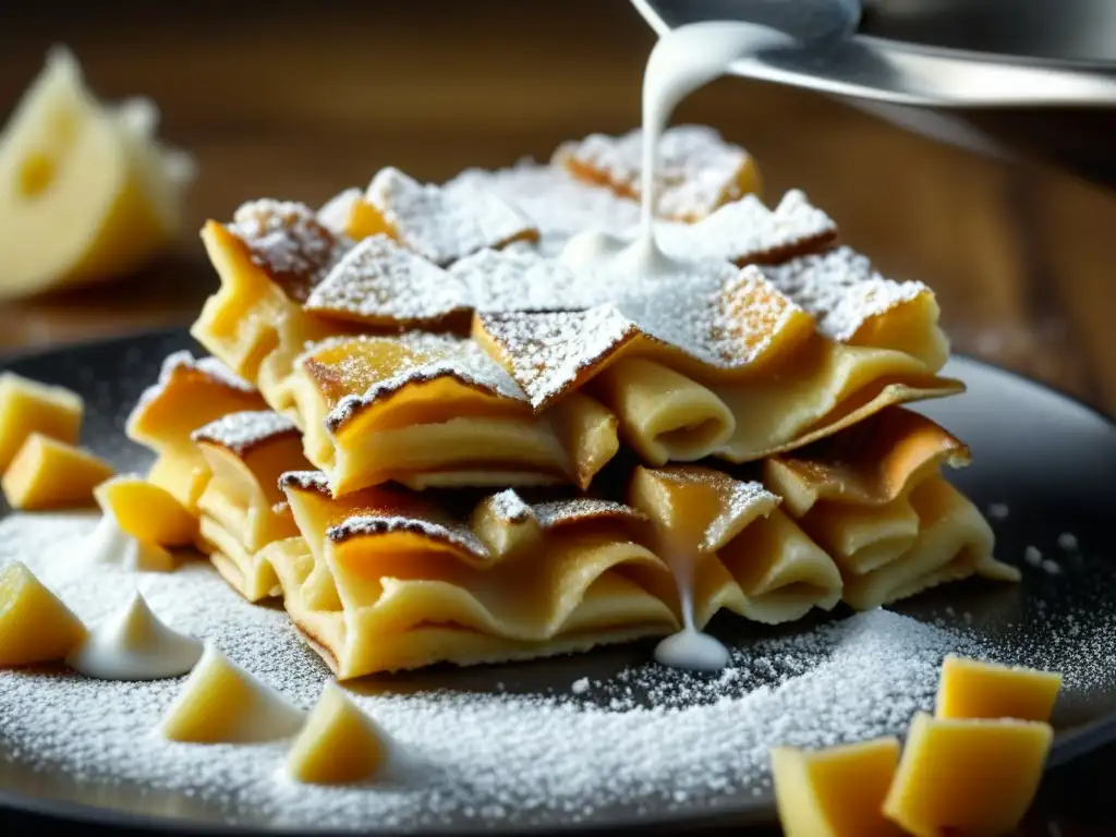 Deléitate con el Kaiserschmarrn dorado espolvoreado con azúcar glas, mostrando la textura y el encanto de este postre imperial