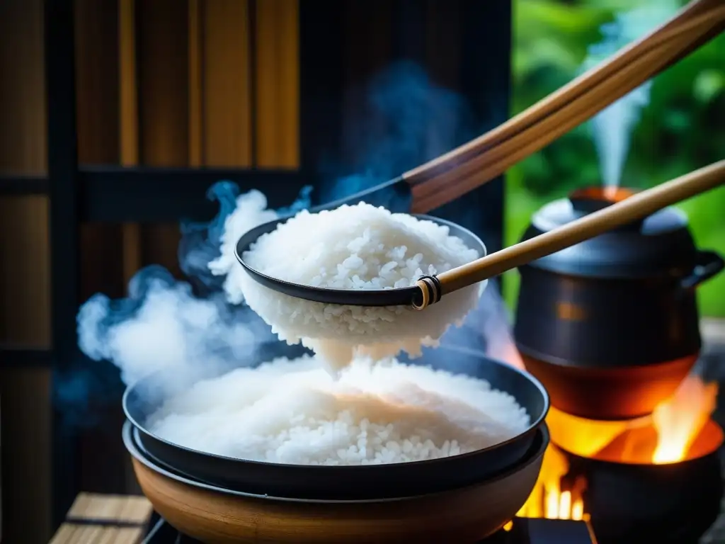 Un kama japonés de madera con arroz cocido al vapor, refleja la esencia del arroz en la cocina samurai