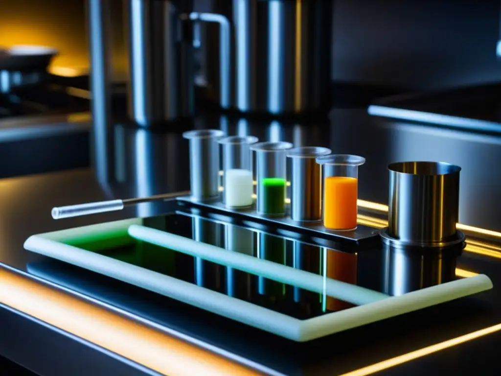 Un kit de gastronomía molecular moderno en una encimera de acero inoxidable, iluminado para resaltar los detalles