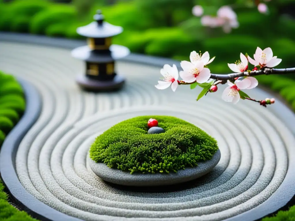 Jardín Zen en Kyoto con patrones de gravilla, musgo verde y cerezo en flor