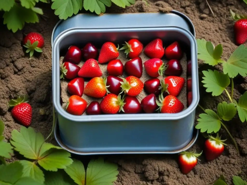 Una lata de ración de la Segunda Guerra Mundial, oxidaday marcada por el tiempo, rodeada de fresas rojas