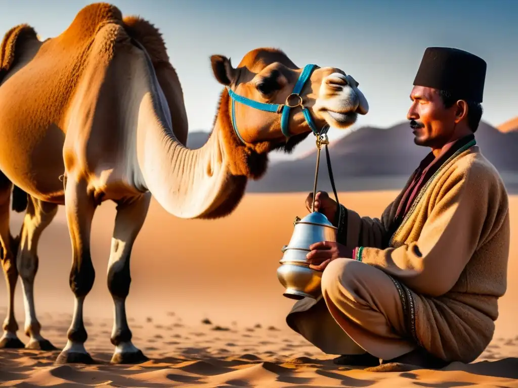Herder extrayendo leche de camella al amanecer en el desierto, resaltando los beneficios de la gastronomía con un toque tradicional