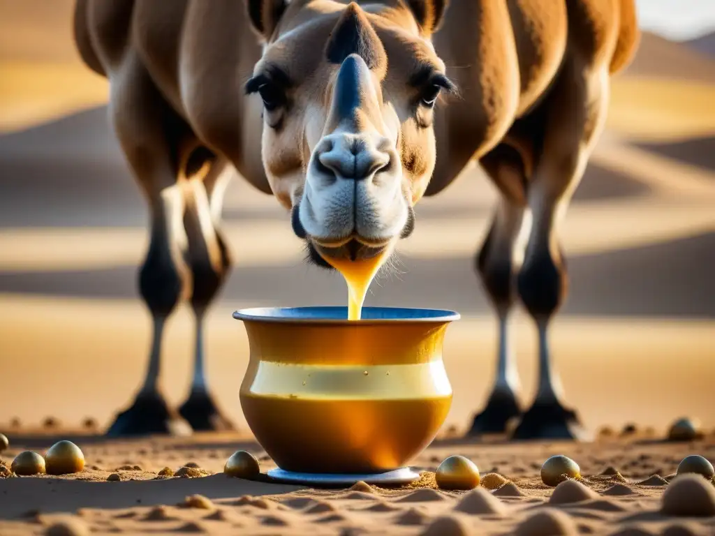 Extracción de leche de camella en el desierto, resaltando la tradición y beneficios gastronómicos