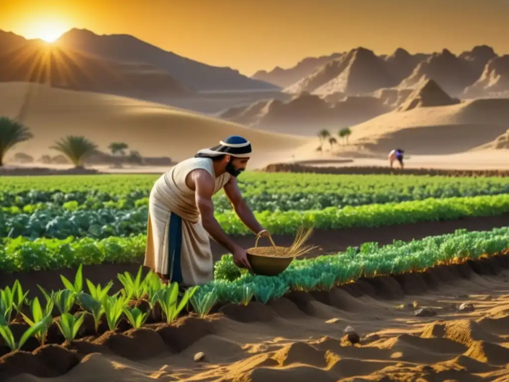 Legado de agricultura sustentable en Egipto: un agricultor egipcio plantando cosechas bajo el sol dorado