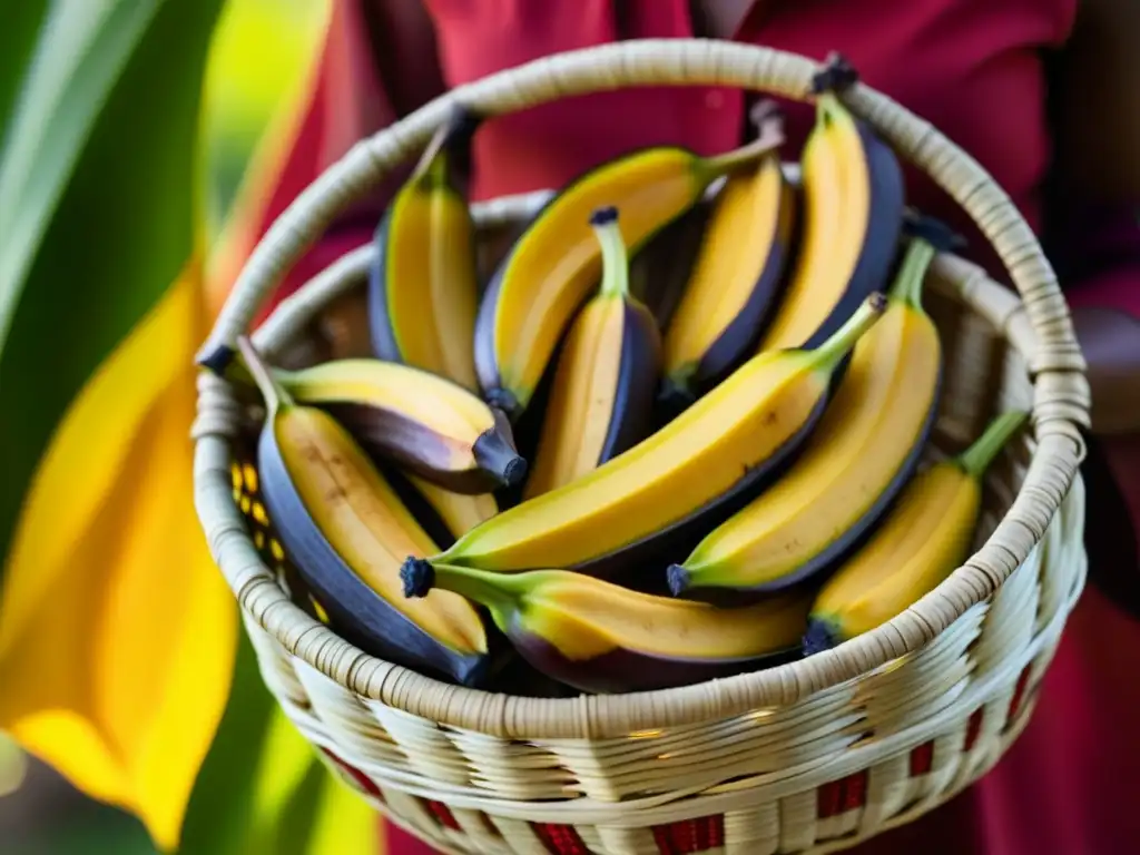 Legado caribeño en alimentación afroamericana: Detalle vibrante de plátanos recién cosechados en una cesta tejida, bañados por la cálida luz solar