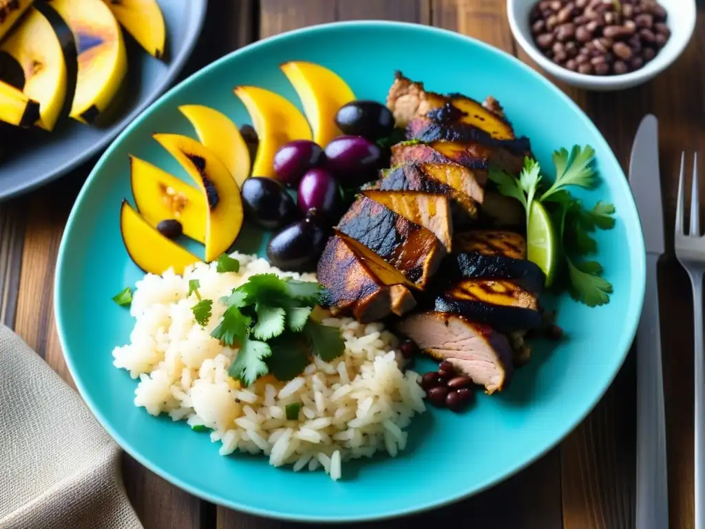 Legado culinario caribeño en América: Plato de jerk chicken con plátanos y arroz en mesa rústica