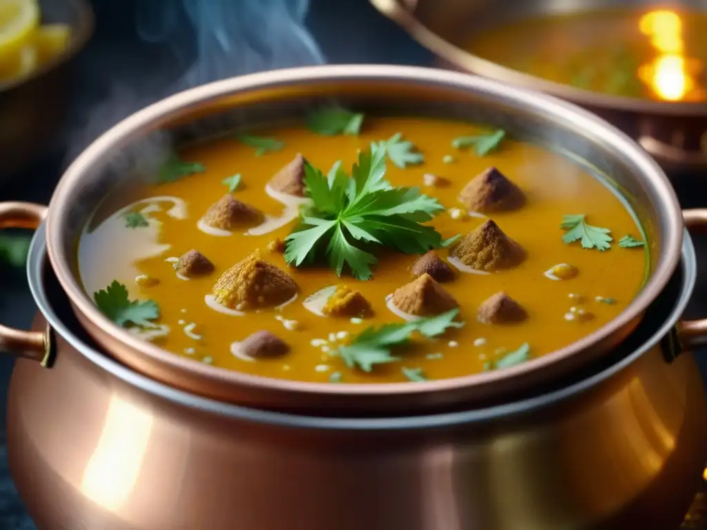 Legado de la gastronomía Raj Británicos: Olla de cobre con curry fragante y vapor, colores vibrantes y preparación meticulosa