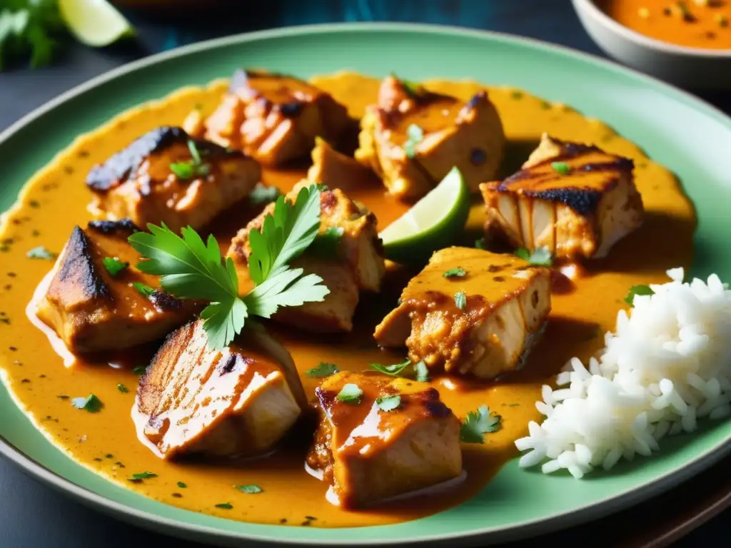 Deléitate con el legado gastronómico de la cocina Raj Británica en este vibrante plato de pollo tikka masala humeante