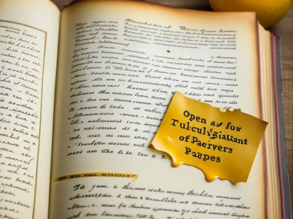 Receta tradicional: historia culinaria en un libro antiguo Un libro de cocina antiguo con receta de un plato histórico culturalmente relevante, notas manuscritas y salpicaduras de ingredientes