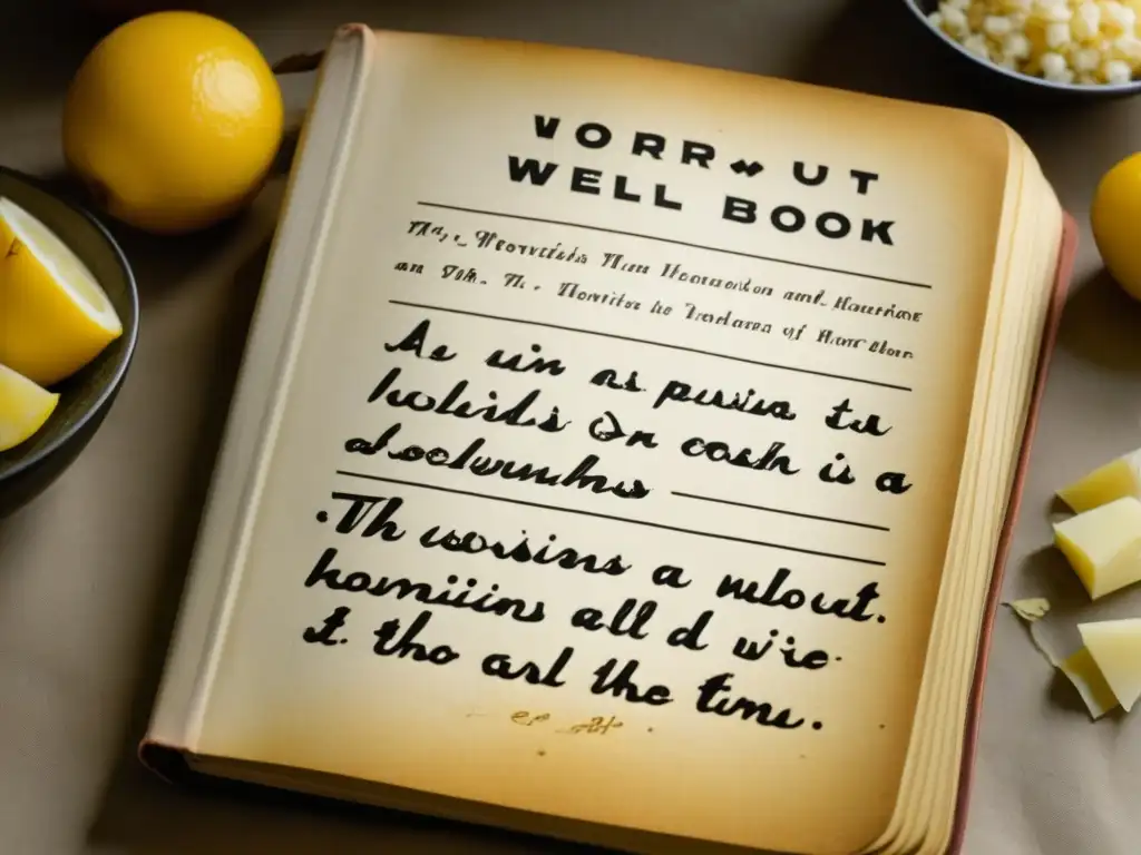 Un libro de recetas desgastado de la Gran Depresión con anotaciones y manchas de ingredientes, reflejando el impacto cultural en la cocina de la época