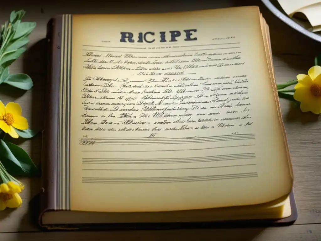 Un libro de recetas desgastado de la Gran Depresión con anotaciones manuscritas y salpicaduras de ingredientes, mostrando historia y resistencia