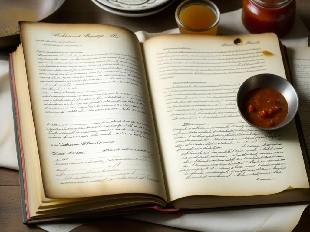 Recetario ancestral: legado culinario en notas y manchas Un libro de recetas desgastado con platos históricos culturalmente relevantes y anotaciones manuscritas