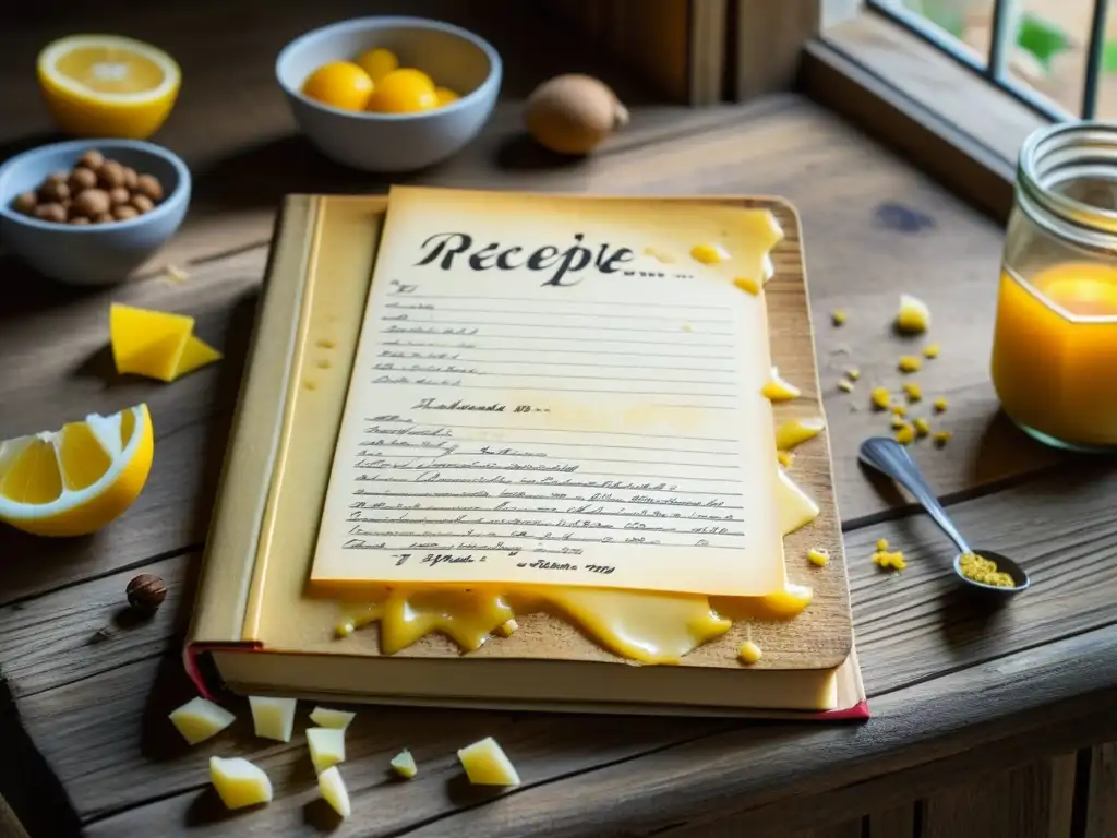 Un libro de recetas envejecido con anotaciones manuscritas y salpicaduras de ingredientes, sobre una mesa de cocina rústica