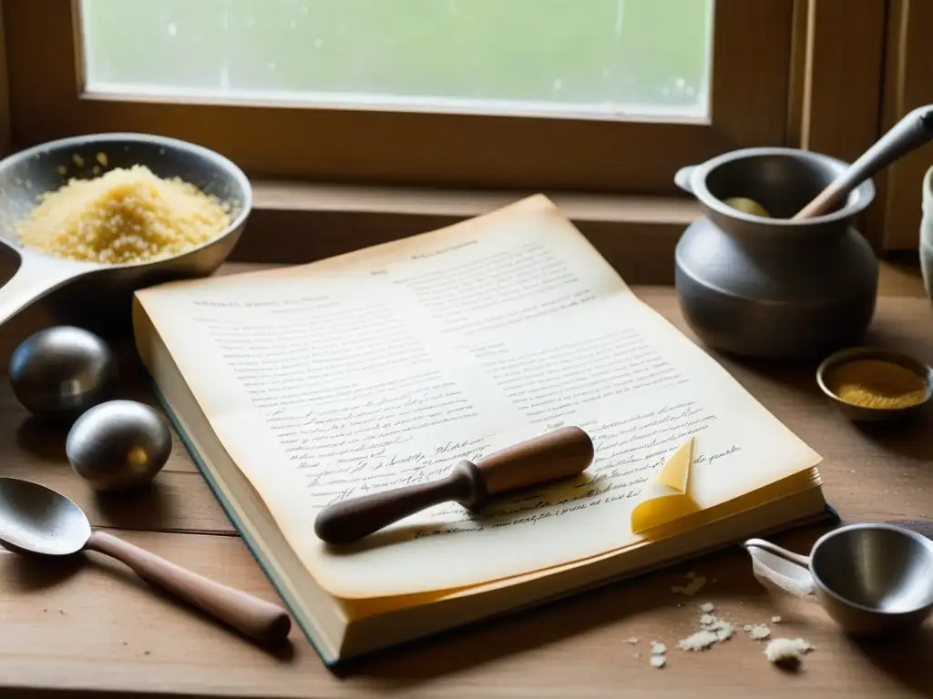 Un libro de recetas envejecido y desgastado abierto en una encimera de cocina, rodeado de utensilios vintage, bañado en cálida luz natural