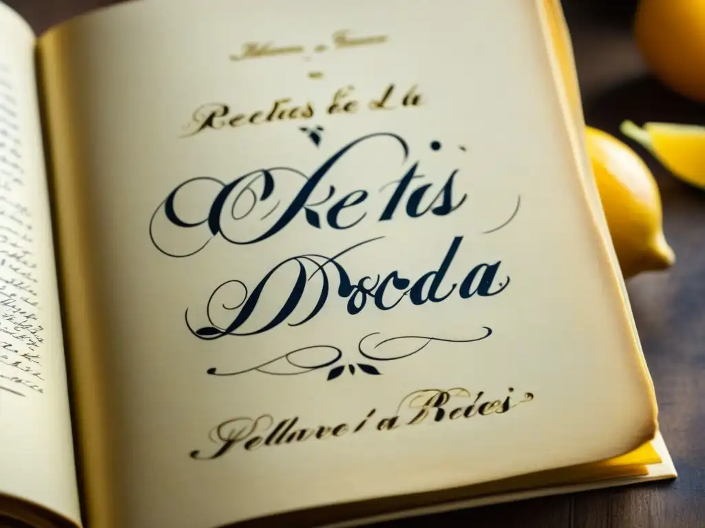 Un libro de recetas históricas de la época dorada con anotaciones manuscritas y manchas de comida, evocando nostalgia y cultura culinaria