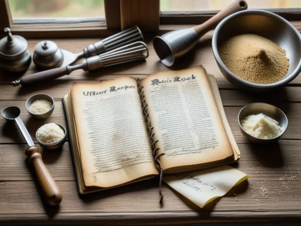 Un libro de recetas históricas en una mesa antigua con utensilios de cocina en una atmósfera nostálgica