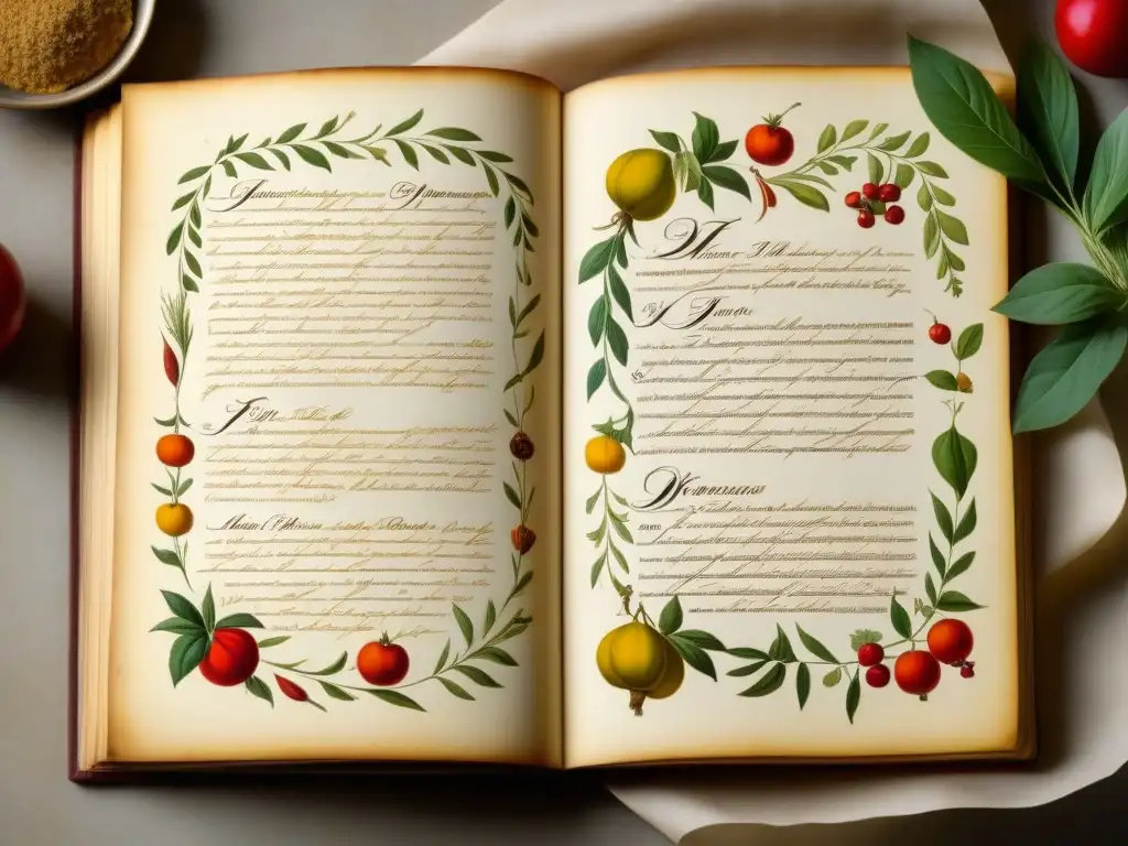 Libro de recetas históricas del Renacimiento italiano, con caligrafía intrincada e ilustraciones detalladas de hierbas y frutas