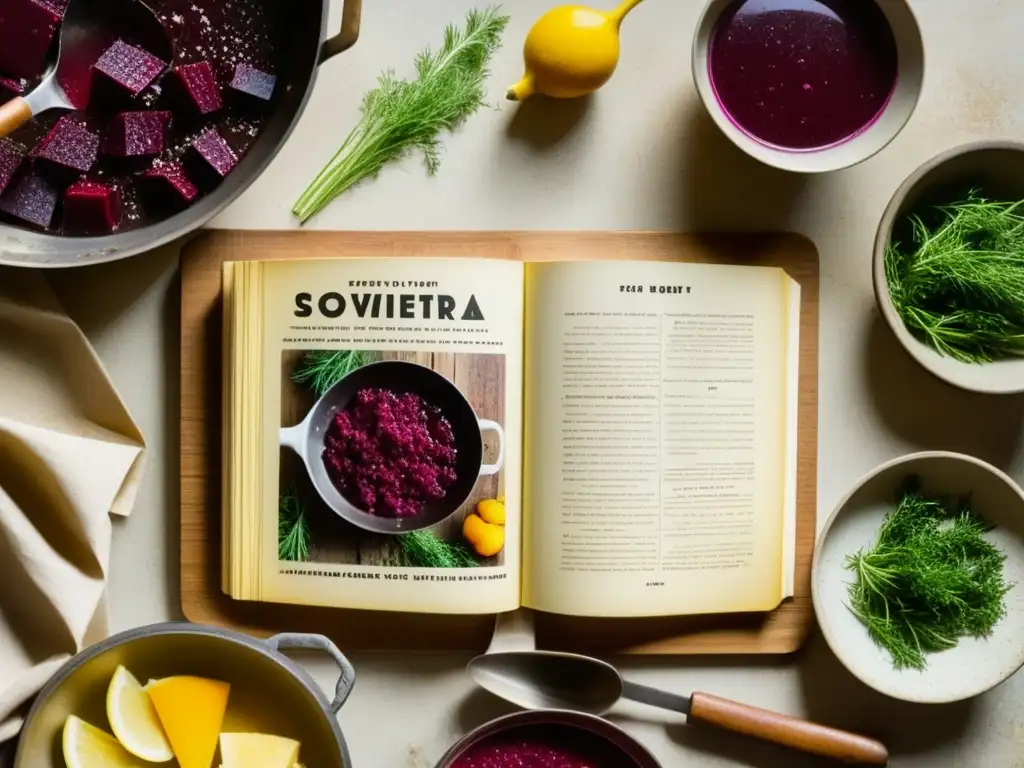 Un libro de recetas soviético desgastado abierto en una página de borsch, rodeado de utensilios de cocina rústicos y ingredientes frescos