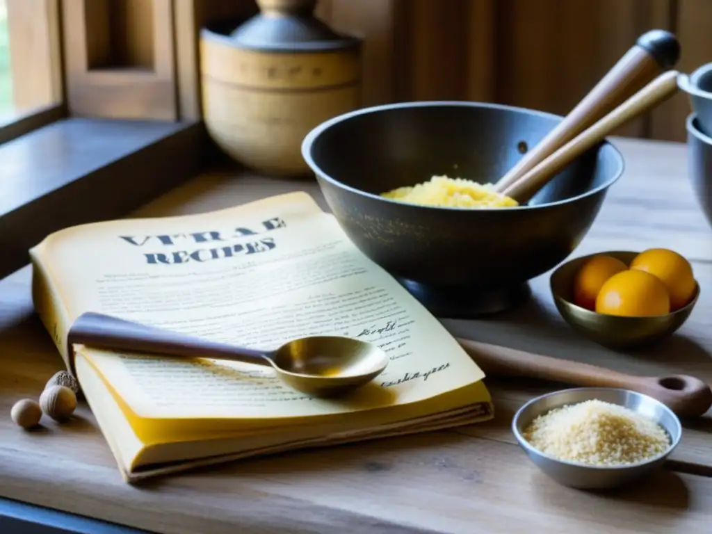 Un libro de recetas vintage abierto en una encimera de cocina, rodeado de utensilios tradicionales, iluminado por luz natural