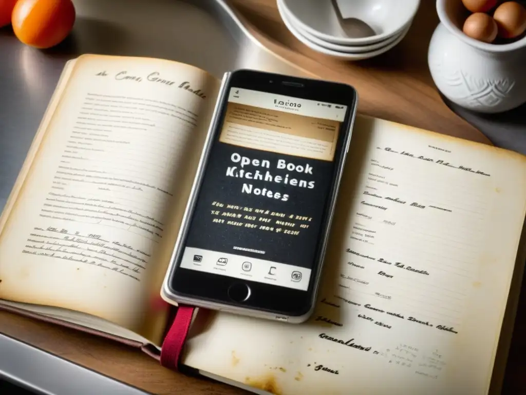 Un libro de recetas vintage junto a un smartphone con una app de cocina, fusionando recetas históricas con tecnología moderna