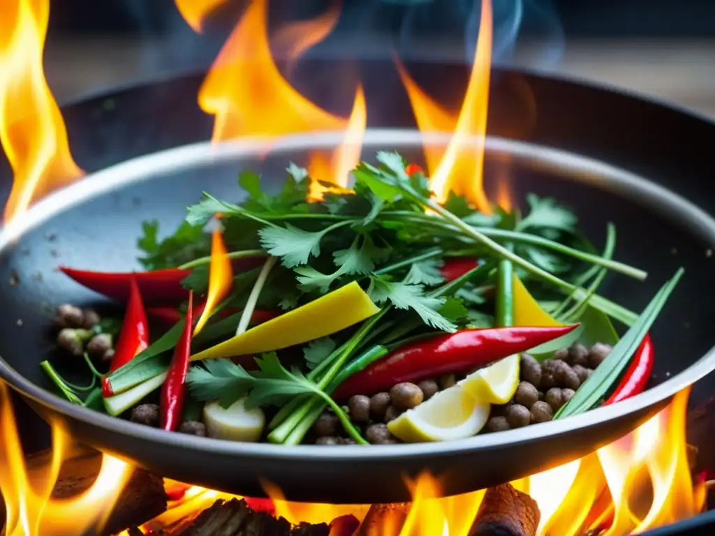 Una wok en llamas con ingredientes vibrantes de cocina fusión IndoChina recetas históricas