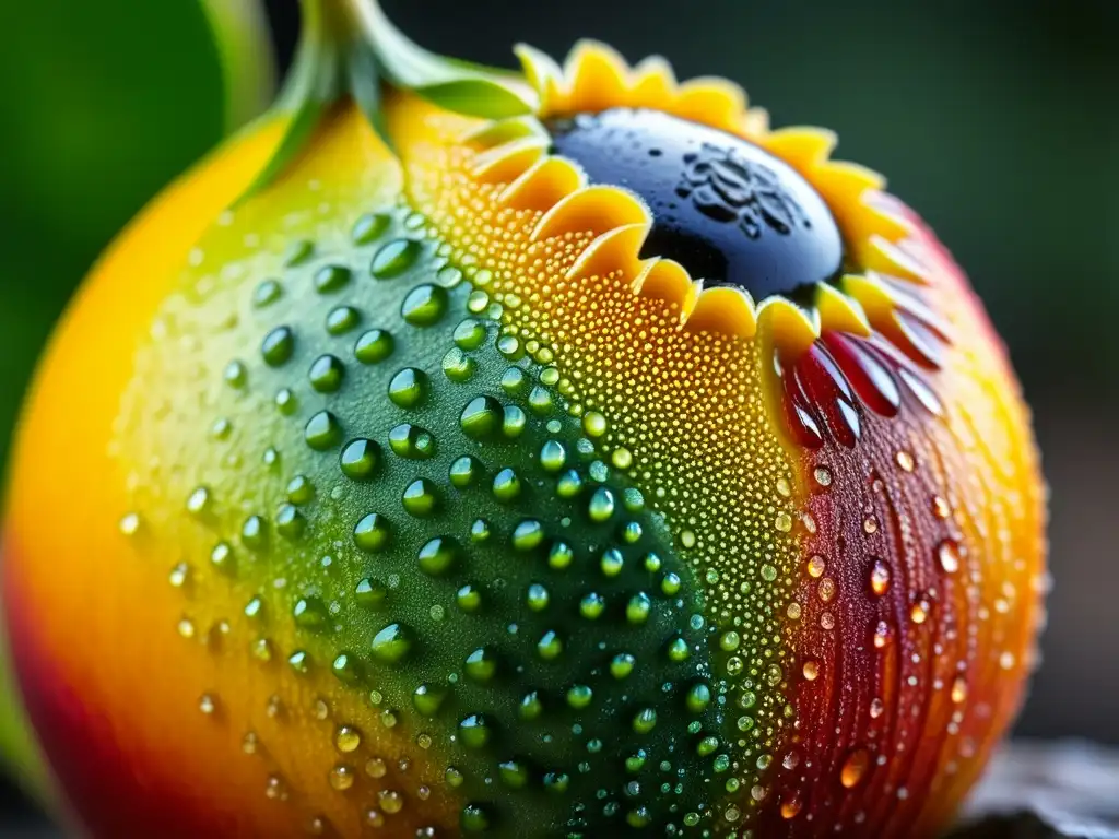 Una lúcuma madura y vibrante, con su piel texturizada en colores terrosos, muestra su frescura con pequeñas gotas de rocío